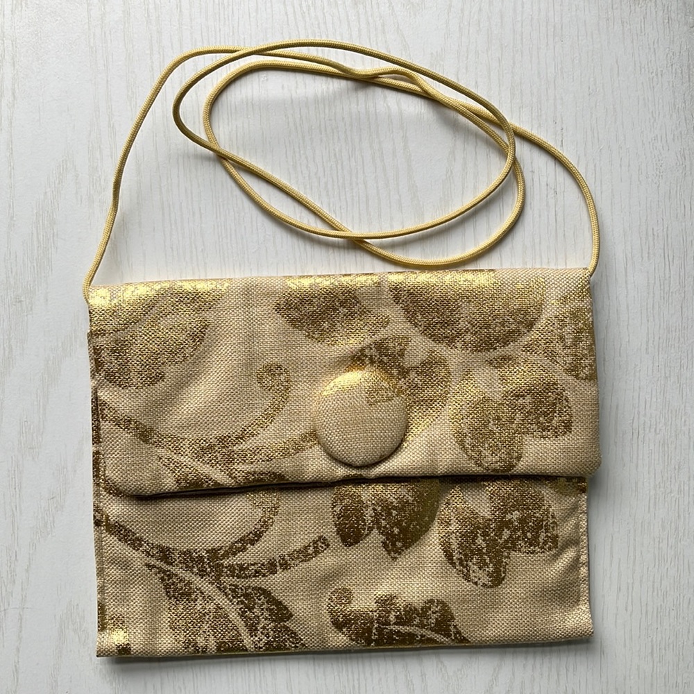 Tan & Metallic Gold Cloth Clutch with Shoulder Strap